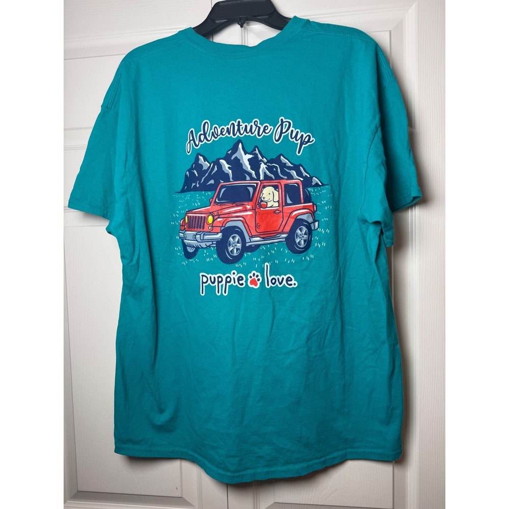 Puppie Love Adventure Pup Teal Graphic T-Shirt XL Dog Jeep Mountains Cotton